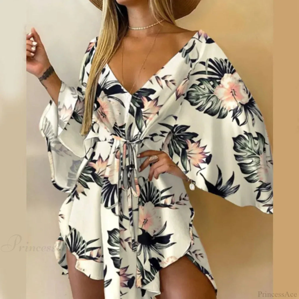 V-Neck Bat Sleeve Bohemian Floral Beach Sundress