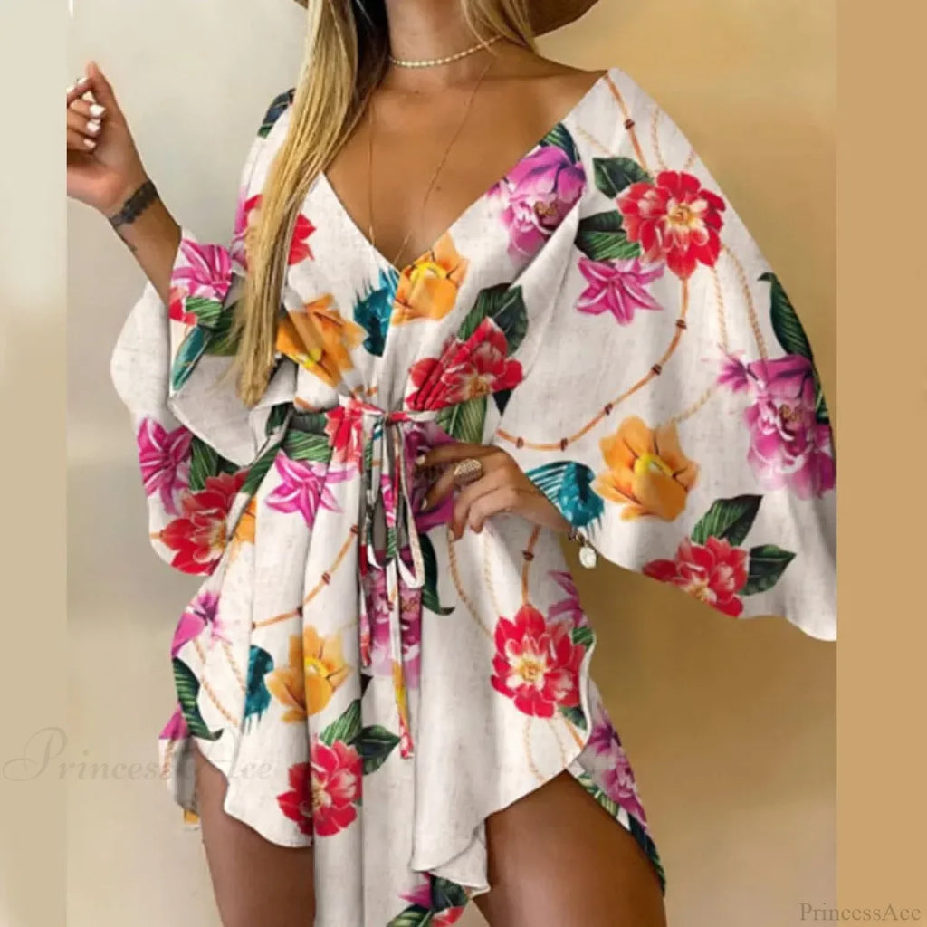 V-Neck Bat Sleeve Bohemian Floral Beach Sundress