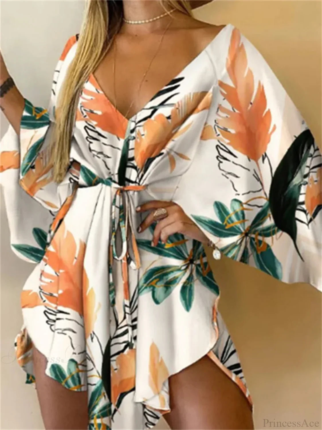 V-Neck Bat Sleeve Bohemian Floral Beach Sundress
