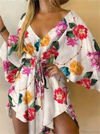 V-Neck Bat Sleeve Bohemian Floral Beach Sundress