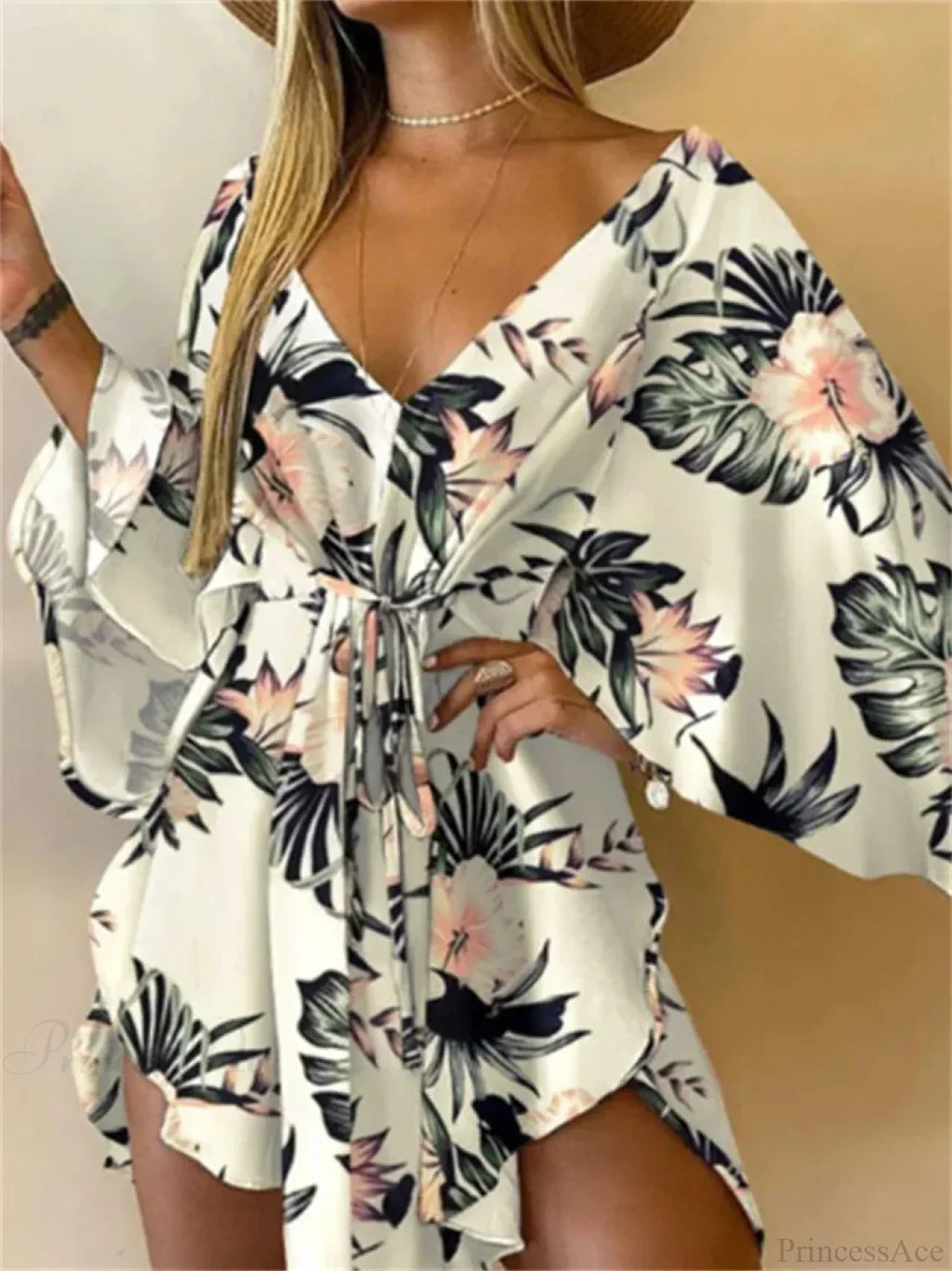 V-Neck Bat Sleeve Bohemian Floral Beach Sundress