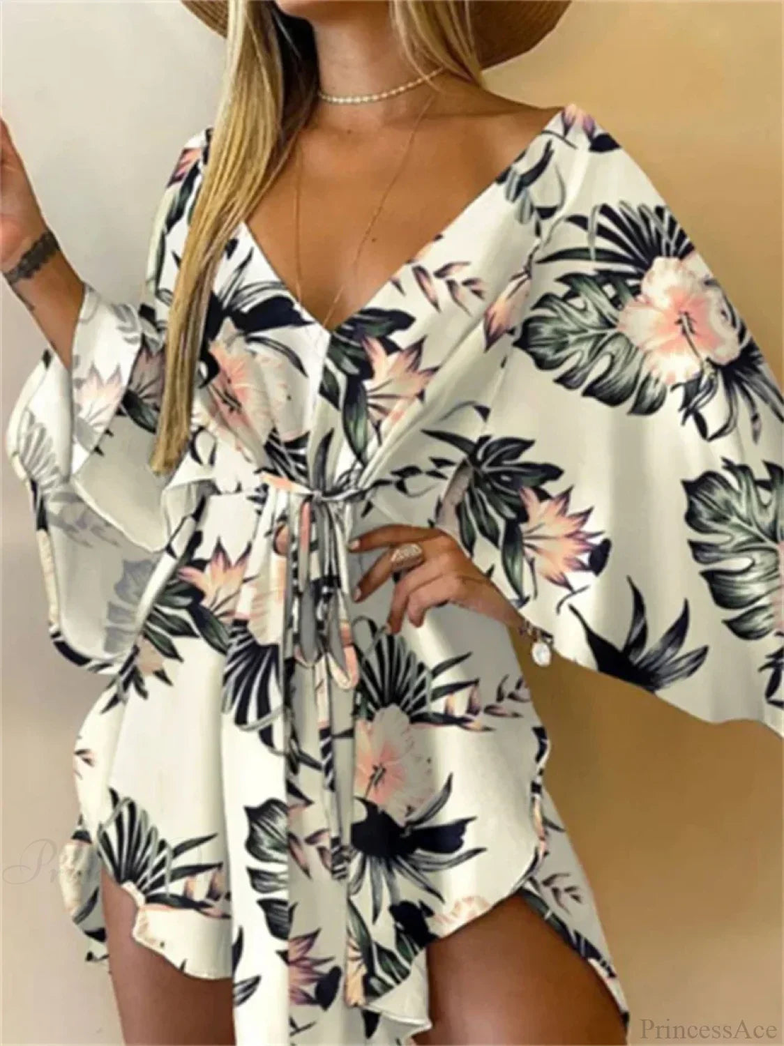 V-Neck Bat Sleeve Bohemian Floral Beach Sundress