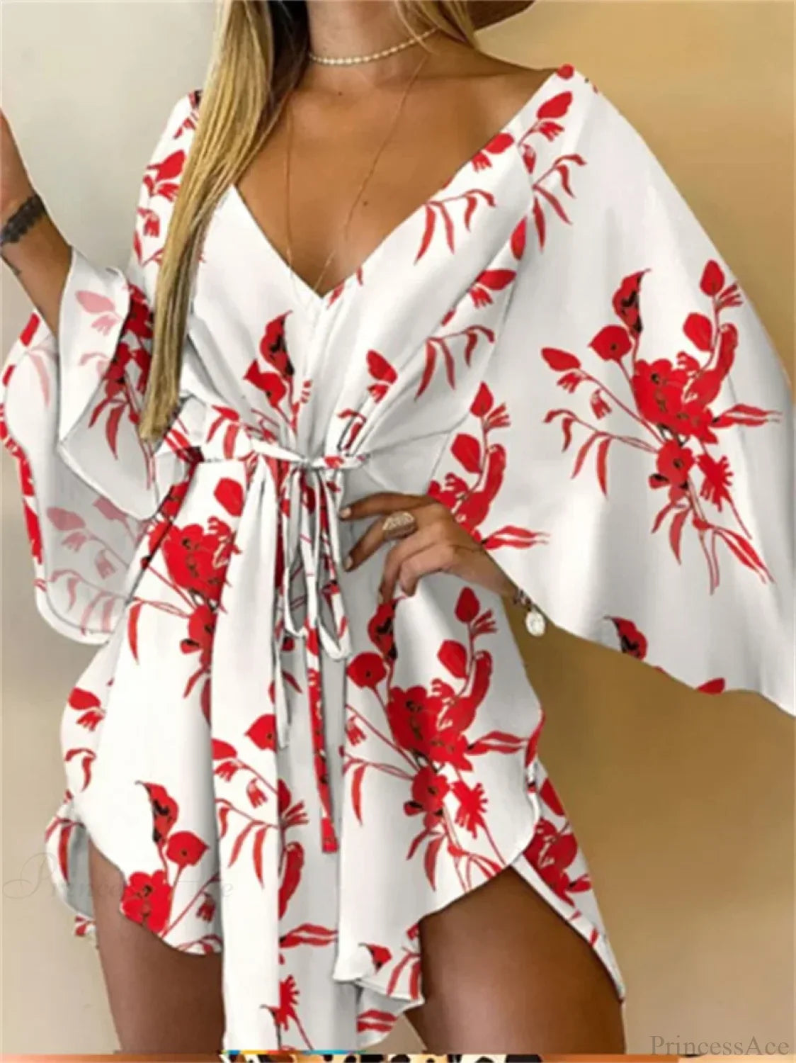 V-Neck Bat Sleeve Bohemian Floral Beach Sundress