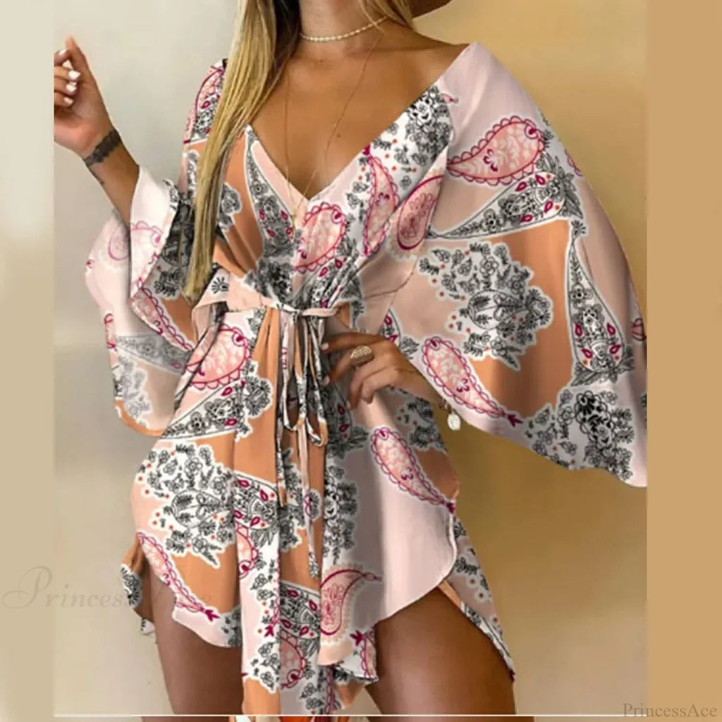 V-Neck Bat Sleeve Bohemian Floral Beach Sundress