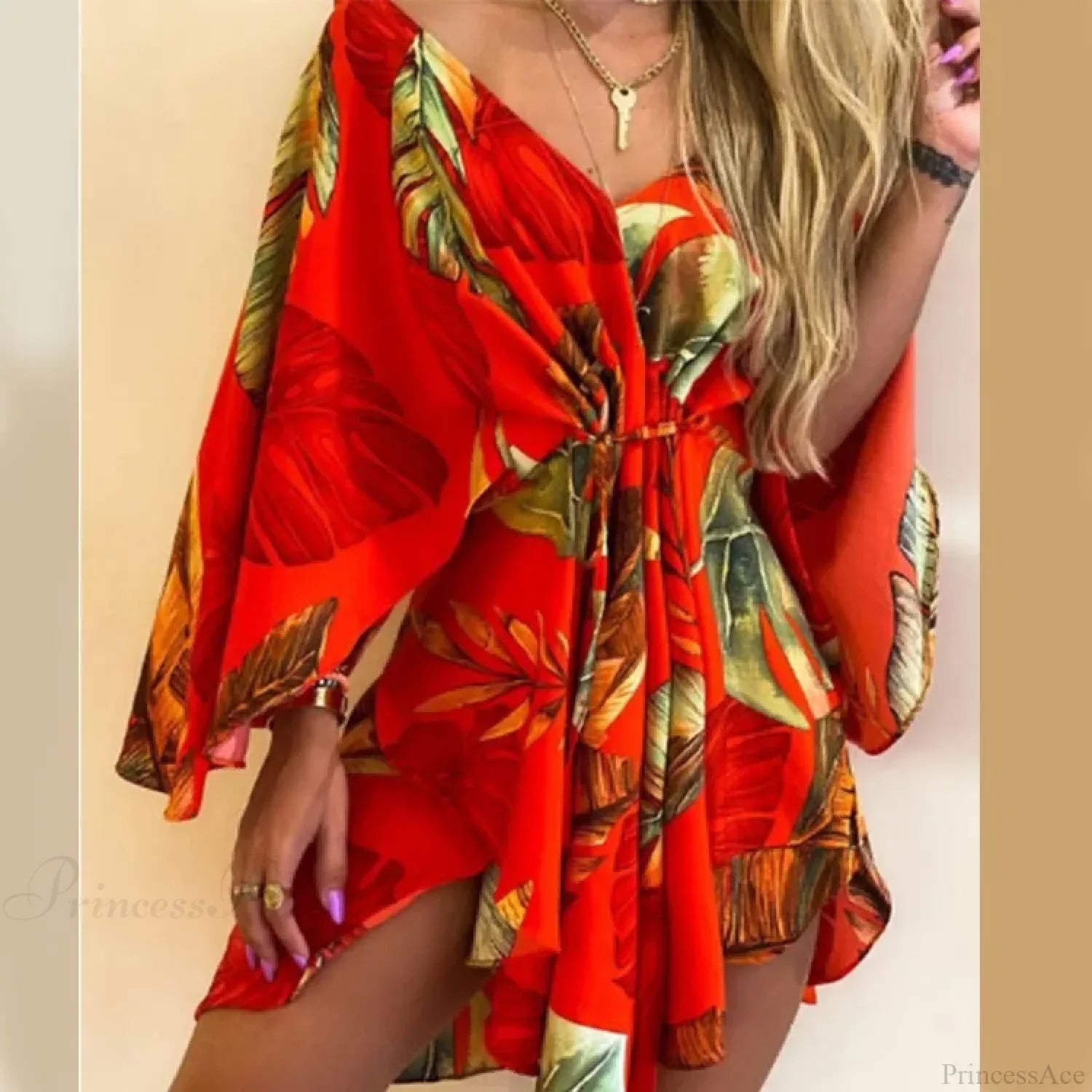 V-Neck Bat Sleeve Bohemian Floral Beach Sundress