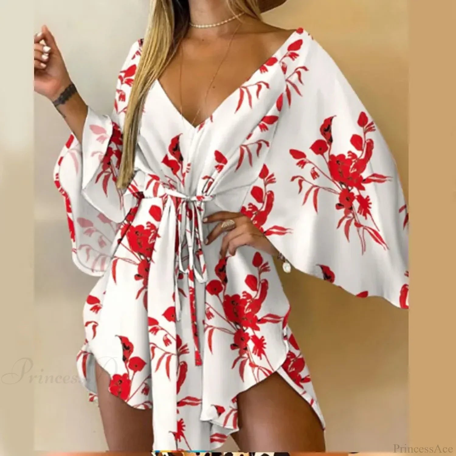 V-Neck Bat Sleeve Bohemian Floral Beach Sundress