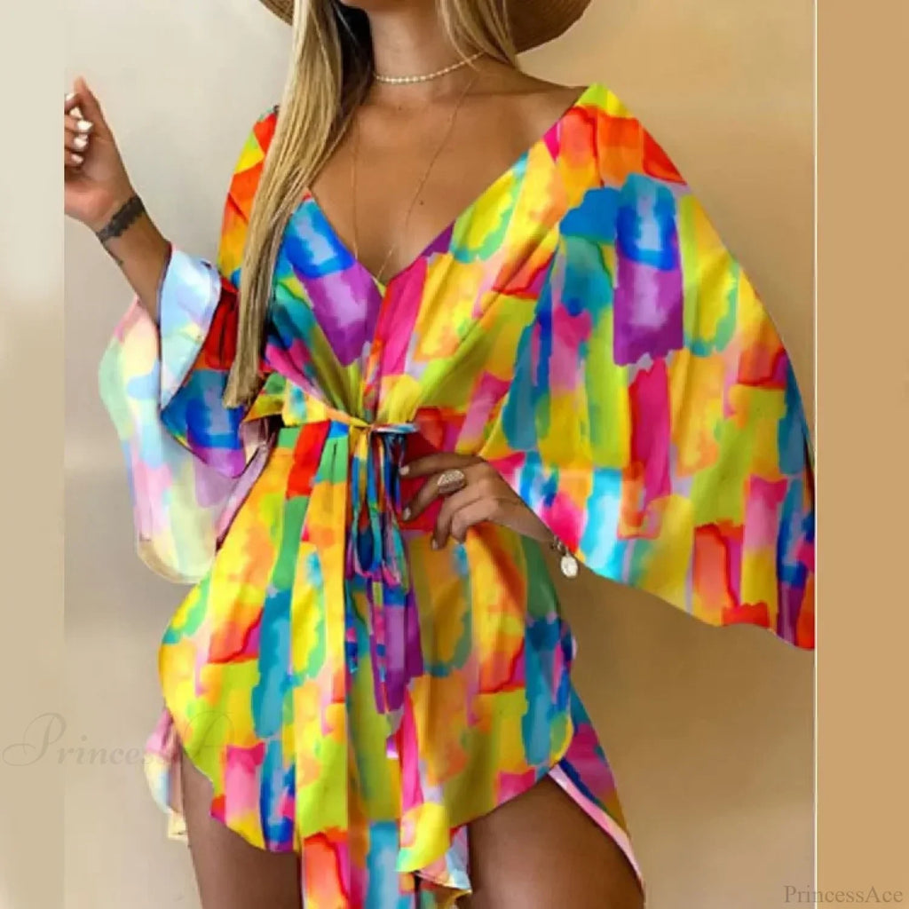 V-Neck Bat Sleeve Bohemian Floral Beach Sundress