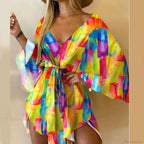 V-Neck Bat Sleeve Bohemian Floral Beach Sundress