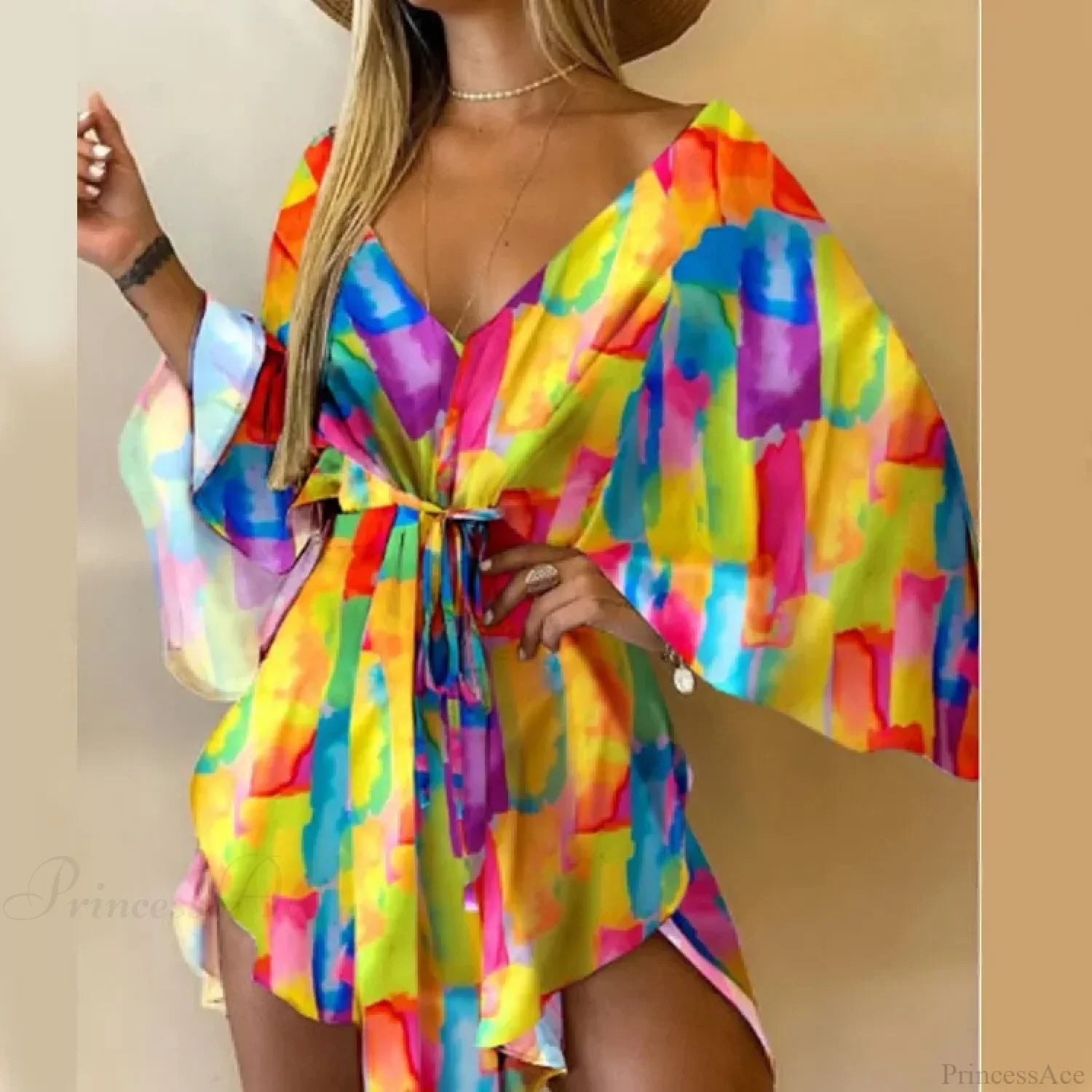 V-Neck Bat Sleeve Bohemian Floral Beach Sundress