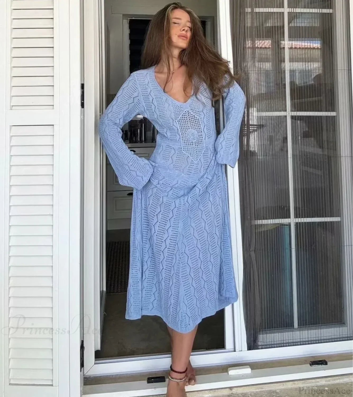V Neck Crochet Boho Dress