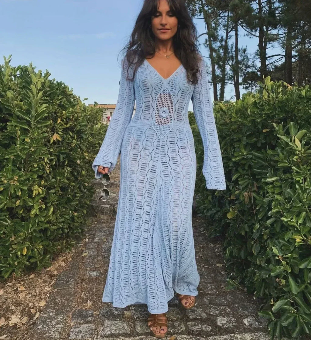 V Neck Crochet Boho Dress