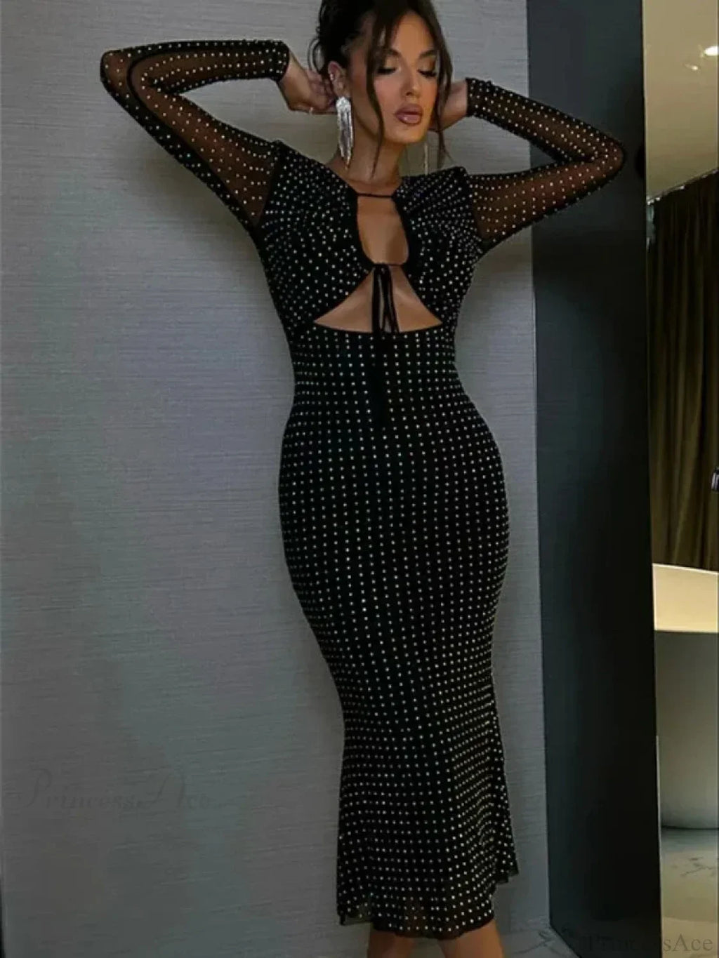 V Neck Cutout Long Sleeve Glitter Diamonds Black Party Dress