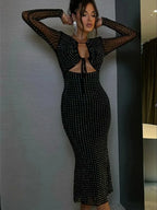 V Neck Cutout Long Sleeve Glitter Diamonds Black Party Dress