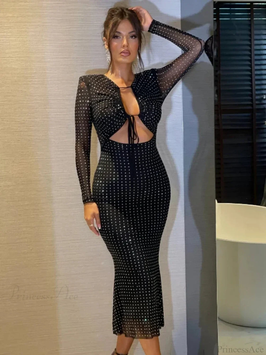 V Neck Cutout Long Sleeve Glitter Diamonds Black Party Dress