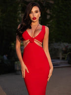 V Neck Flower Hollow Out Design Midi Dress Halter Party