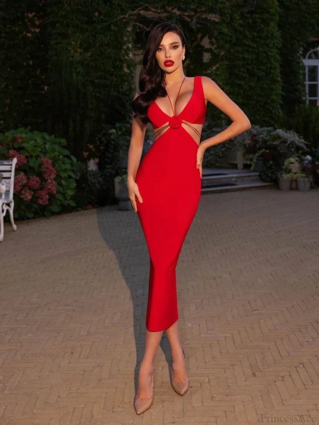 V Neck Flower Hollow Out Design Midi Dress Halter Party