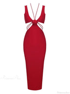 V Neck Flower Hollow Out Design Midi Dress Halter Party