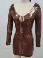 V Neck Long Sleeves Backless Sequin Mini Dress Women Party