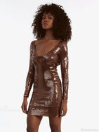 V Neck Long Sleeves Backless Sequin Mini Dress Women Party