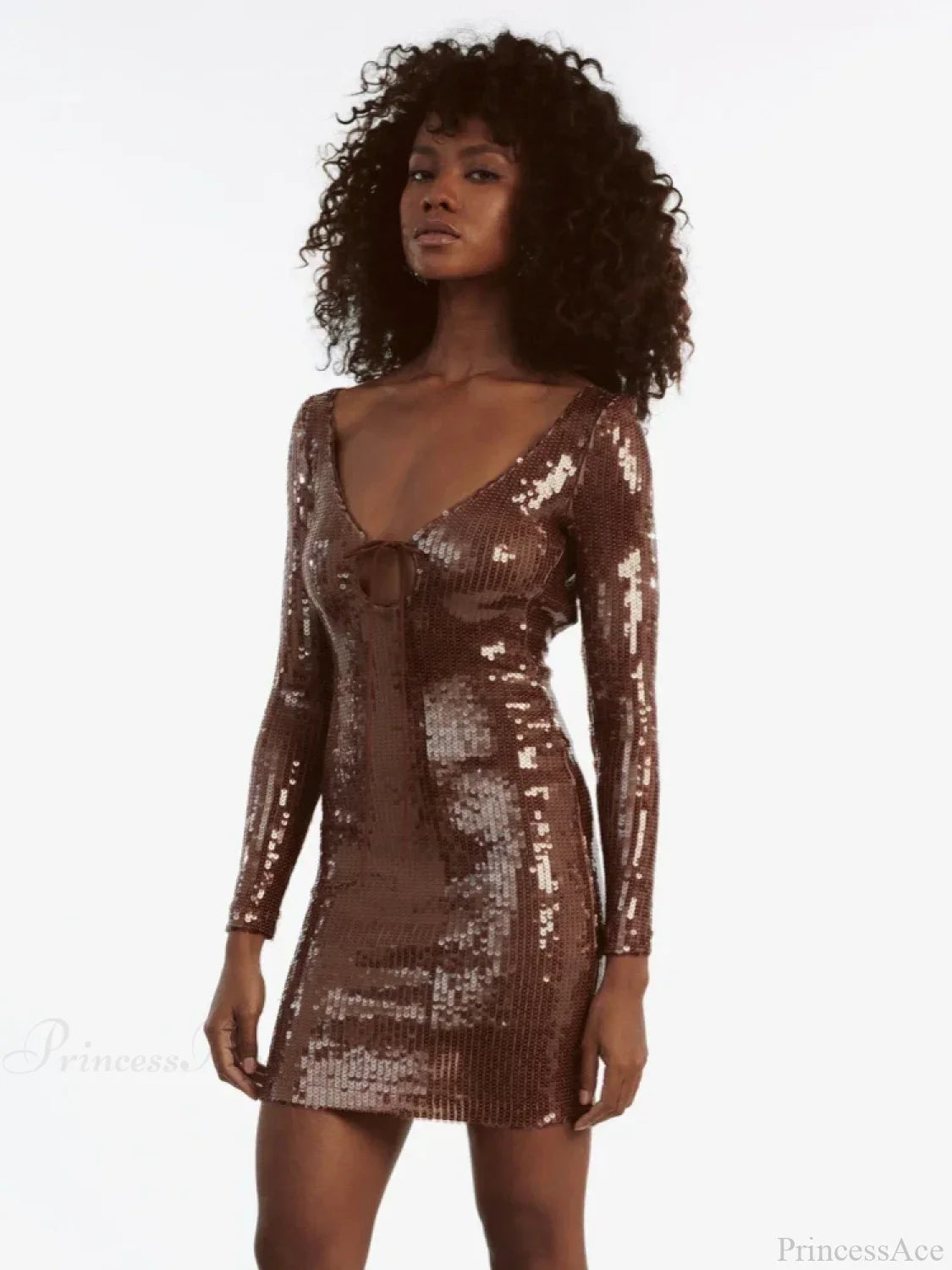 V Neck Long Sleeves Backless Sequin Mini Dress Women Party