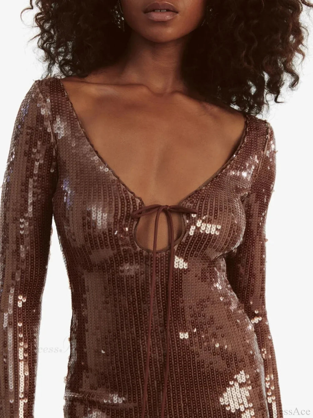 V Neck Long Sleeves Backless Sequin Mini Dress Women Party