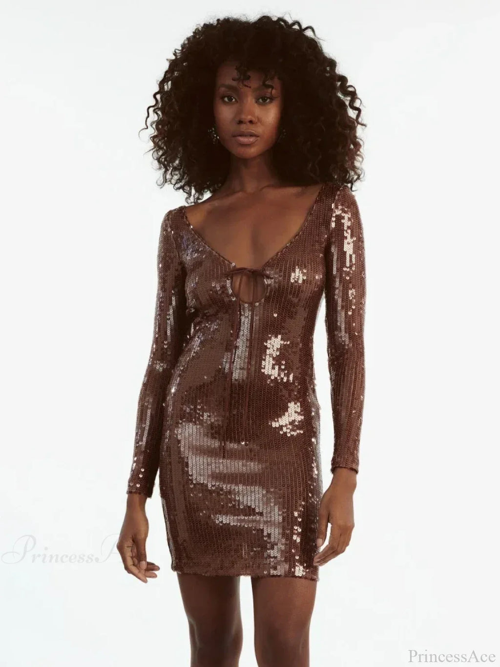 V Neck Long Sleeves Backless Sequin Mini Dress Women Party
