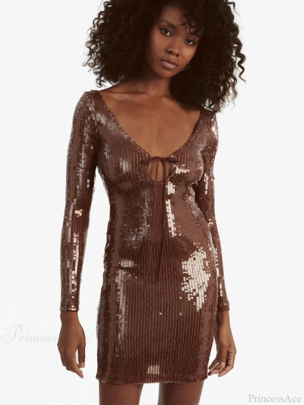 V Neck Long Sleeves Backless Sequin Mini Dress Women Party