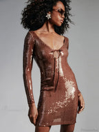 V Neck Long Sleeves Backless Sequin Mini Dress Women Party