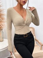 V-Neck Pleated Knotted Long Sleeve Knitted T-Shirt Women