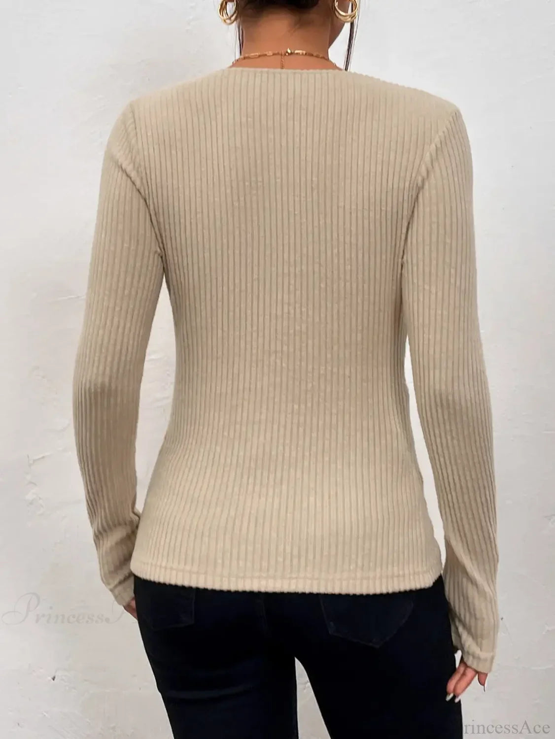 V-Neck Pleated Knotted Long Sleeve Knitted T-Shirt Women