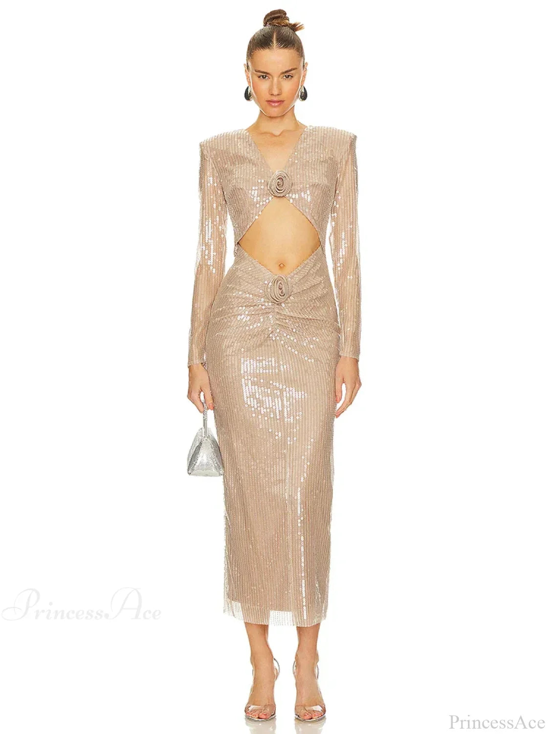 V Neck Sequins Cutout 3D Flower Dress Long Sleeves Party