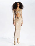 V Neck Sequins Cutout 3D Flower Dress Long Sleeves Party