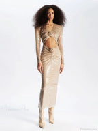 V Neck Sequins Cutout 3D Flower Dress Long Sleeves Party