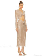 V Neck Sequins Cutout 3D Flower Dress Long Sleeves Party