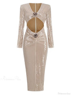 V Neck Sequins Cutout 3D Flower Dress Long Sleeves Party