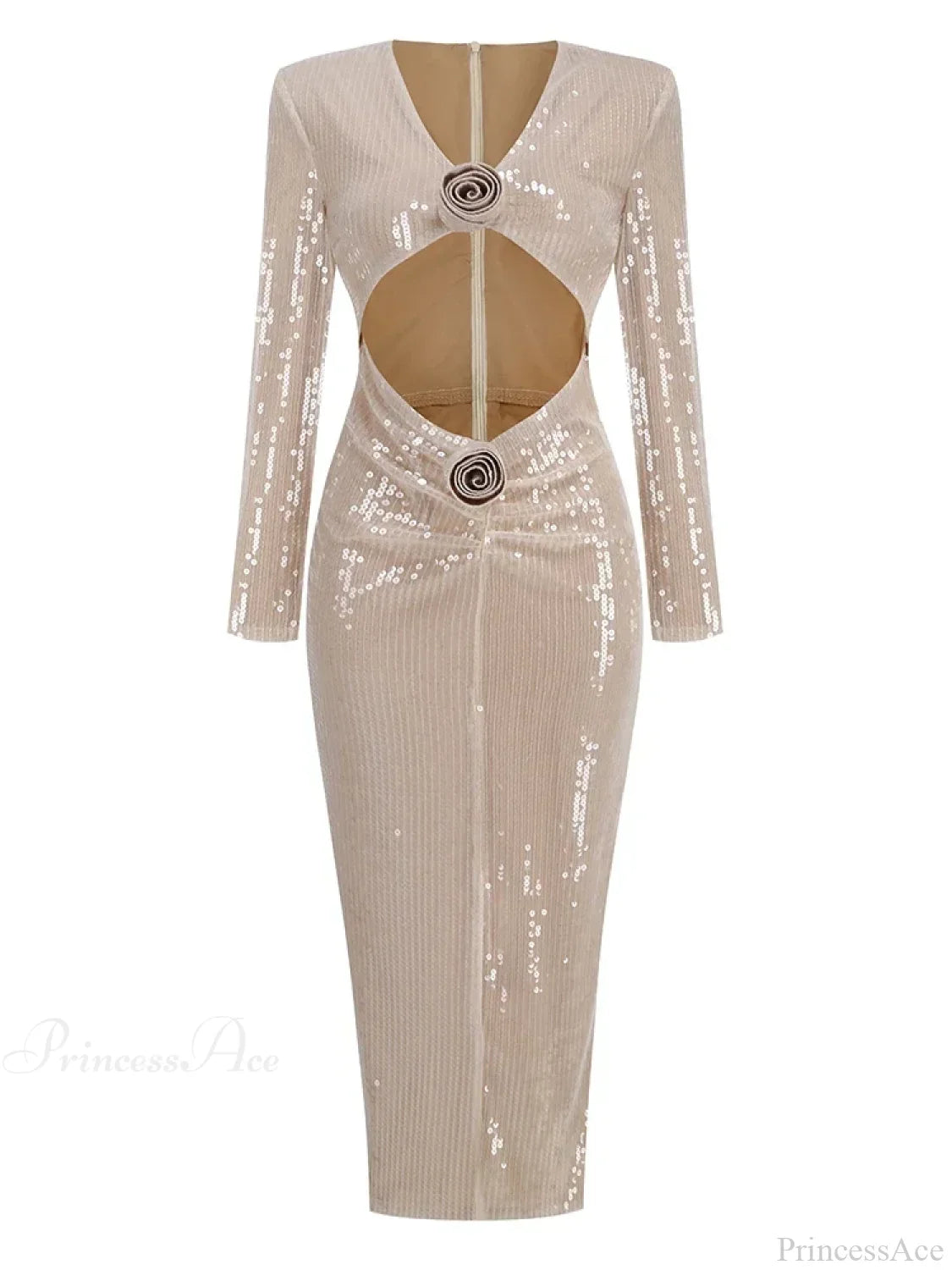 V Neck Sequins Cutout 3D Flower Dress Long Sleeves Party