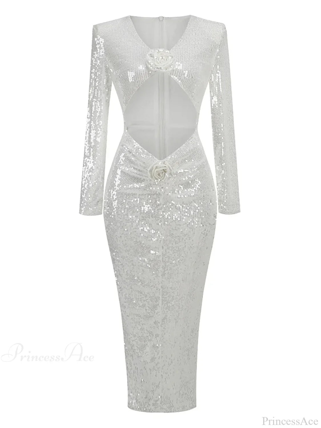 V Neck Sequins Cutout 3D Flower Dress Long Sleeves Party