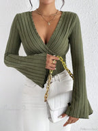 V-Neck Solid Color Slim Long Sleeve T-Shirt Women