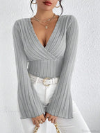 V-Neck Solid Color Slim Long Sleeve T-Shirt Women