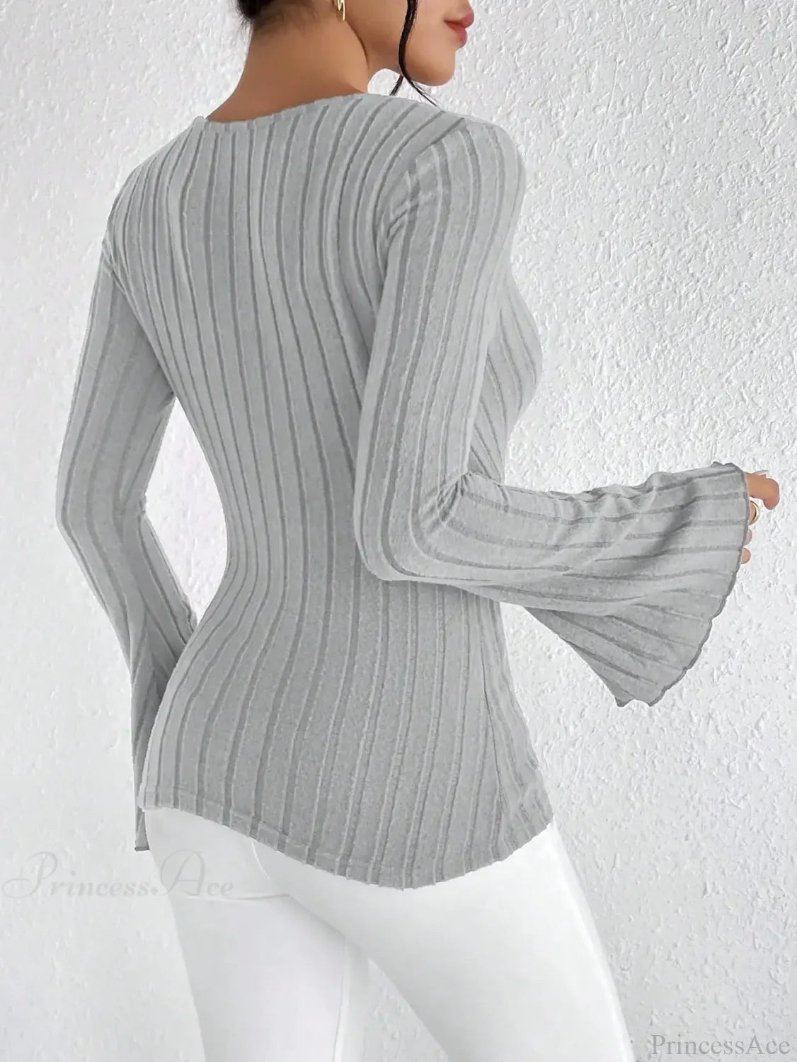 V-Neck Solid Color Slim Long Sleeve T-Shirt Women