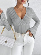 V-Neck Solid Color Slim Long Sleeve T-Shirt Women