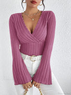 V-Neck Solid Color Slim Long Sleeve T-Shirt Women