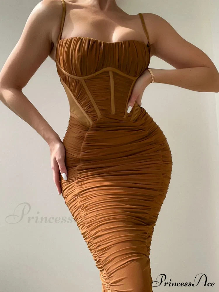 Warm-Season Strap Elegant Spaghetti Evening Woman Mesh Stretchy Party Gown Ruched Bodycon Long Full-Length Dress