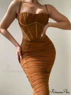 Warm-Season Strap Elegant Spaghetti Evening Woman Mesh Stretchy Party Gown Ruched Bodycon Long Full-Length Dress