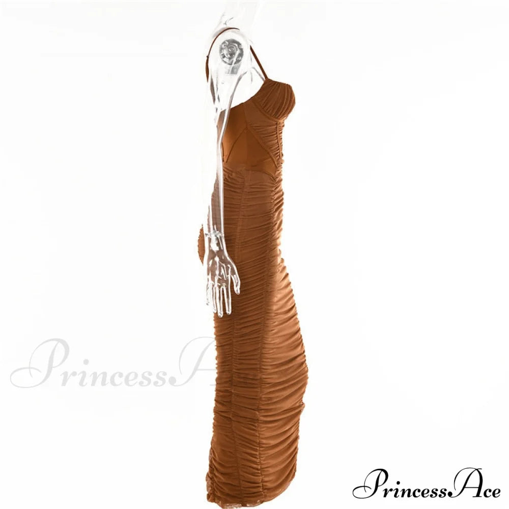 Warm-Season Strap Elegant Spaghetti Evening Woman Mesh Stretchy Party Gown Ruched Bodycon Long Full-Length Dress