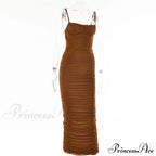 Warm-Season Strap Elegant Spaghetti Evening Woman Mesh Stretchy Party Gown Ruched Bodycon Long Full-Length Dress
