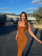 Warm-Season Strap Elegant Spaghetti Evening Woman Mesh Stretchy Party Gown Ruched Bodycon Long Full-Length Dress