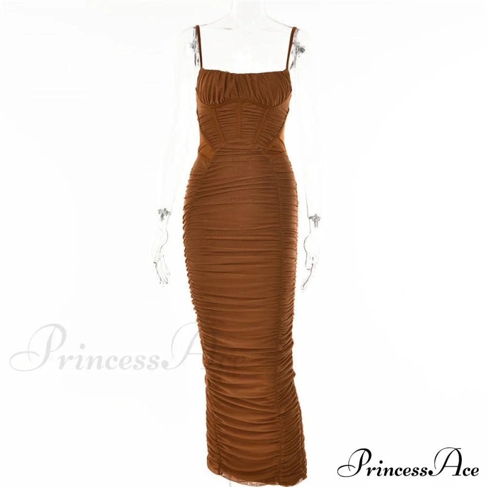 Warm-Season Strap Elegant Spaghetti Evening Woman Mesh Stretchy Party Gown Ruched Bodycon Long Full-Length Dress