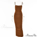 Warm-Season Strap Elegant Spaghetti Evening Woman Mesh Stretchy Party Gown Ruched Bodycon Long Full-Length Dress