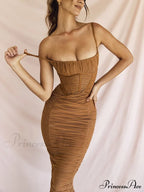 Warm-Season Strap Elegant Spaghetti Evening Woman Mesh Stretchy Party Gown Ruched Bodycon Long Full-Length Dress